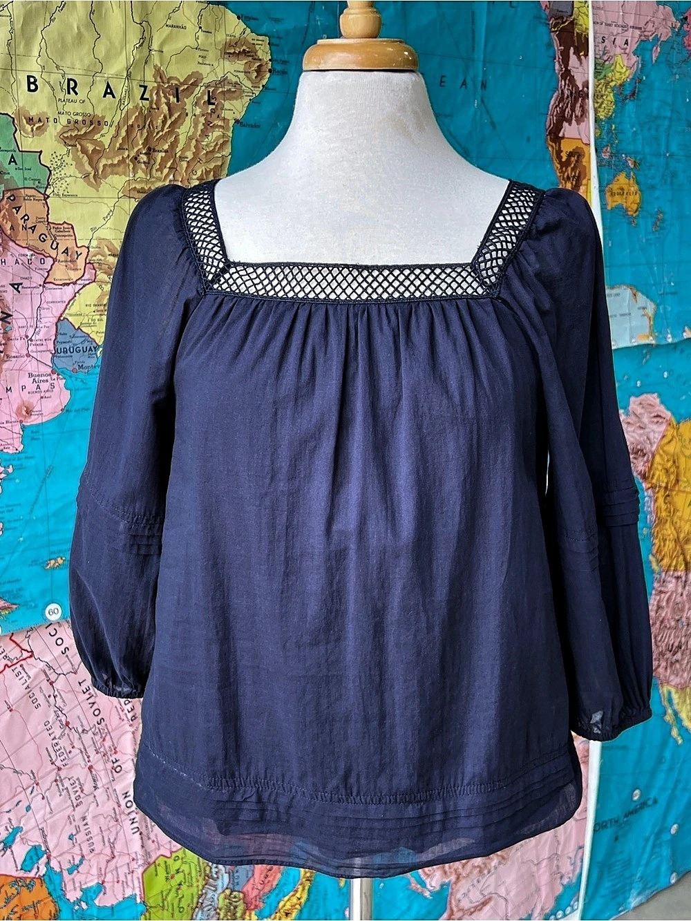 Muse Mesh Neck Long Sleeve Blouse in Blue Size Small